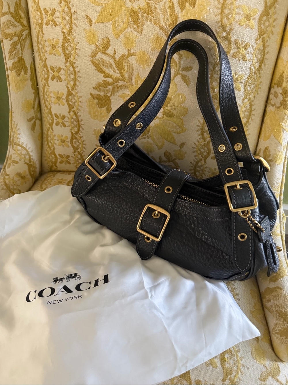 COACH Drifter 31 Black Pebbled Leather Shoulder Bag with Gold-Tone Buckles